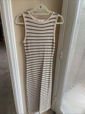 Sleeveless Black and Cream Striped Knit Maxi Dress